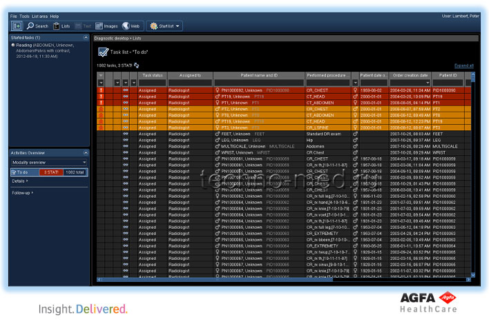 Область списка на рабочем столе отдела диагностики IMPAX Agility